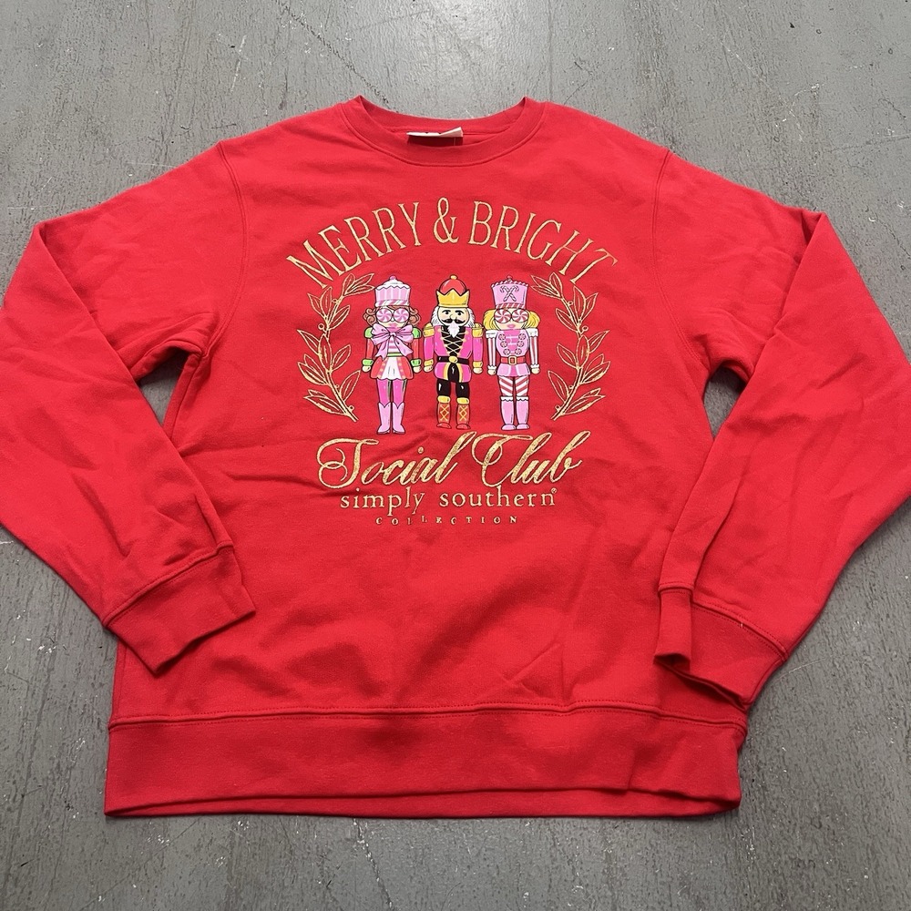Simply Southern Christmas Shirt Merry and Bright Social Club Long Sleeve Size S